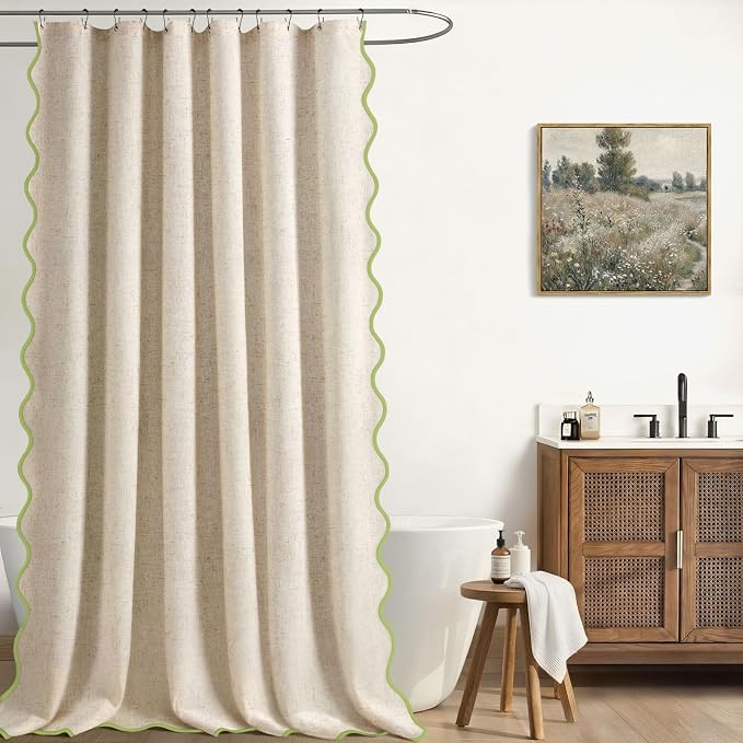 Scalloped Shower Curtain Linen Boho Flax Cream 72" W x 72" L | Linen Fabric, Black Border, Washable, Heavy Duty Cloth, Shower Curtain for Boho Farmhouse Bathroom Bathtub