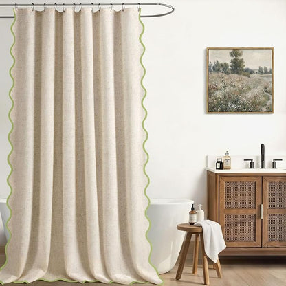 Scalloped Shower Curtain Linen Boho Flax Cream 72" W x 72" L | Linen Fabric, Black Border, Washable, Heavy Duty Cloth, Shower Curtain for Boho Farmhouse Bathroom Bathtub