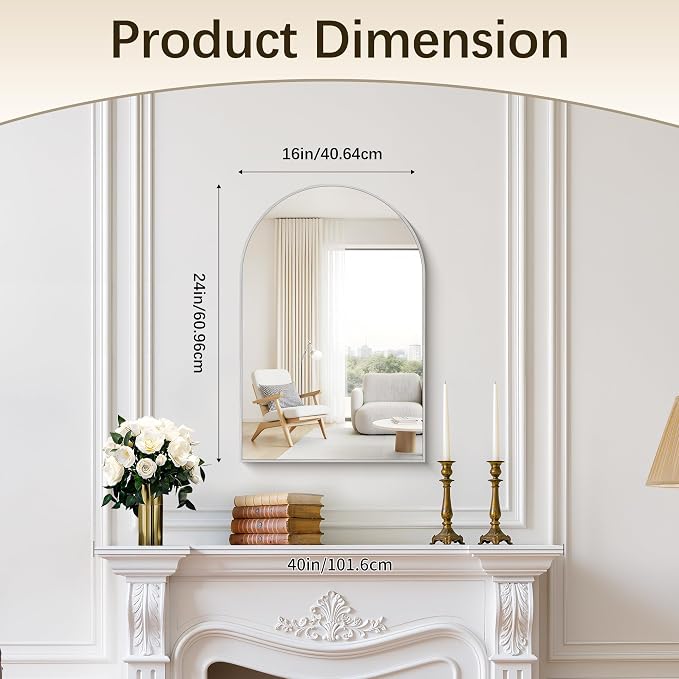Arched Bathroom Mirror 16x24 Inch, Bathroom Mirror for Over Sink, Wall Mounted Vanity Mirror with Aluminum Frame & Tempered Glass, Ideal for Bedroom, Entryway, Living Room, Silver