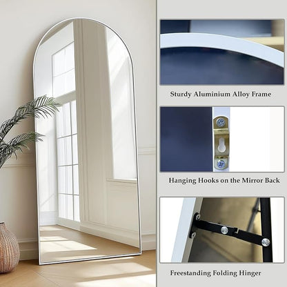 Dewfig Full Length Mirror, 70"x26" Arched Full Body Mirror, White | Aluminum Alloy Frame Floor Mirror, HD Shatterproof Tempered Glass, Lean/Stand/Wall for Living Room,Bedroom, Dressing Room