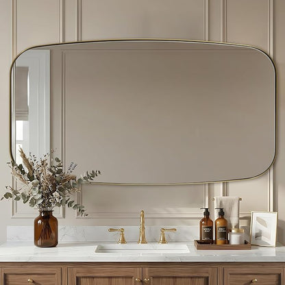 30x55 Full Length Wall Mirror, Brushed Gold Oblong Shaped Body Mirror with Stainless Steel Metal Frame, Rounded Corner Design for Floor and Leaning