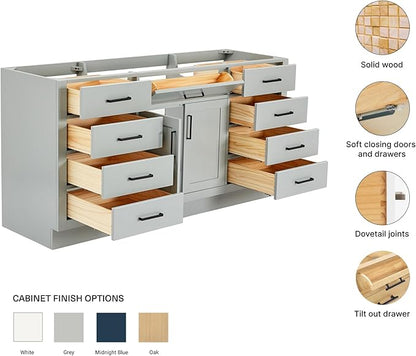 ARIEL Hepburn 66-inch Bathroom Vanity Base Cabinet,Solid Wood, 2 Soft Closing Doors, 9 Dovetail Drawers, Grey