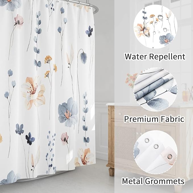 Blue Beige Watercolor Floral Fabric Shower Curtain, 54x78 | Waterproof Fabric, Modern Minimalist Floral Print, Machine Washable, Rustproof Grommets, for Bathroom Home, Stall