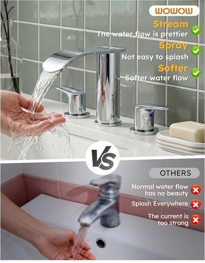 WOWOW Bathroom Faucets 3 Hole: Chrome 8 Inch Widespread Bathroom Sink Faucet Waterfall Spout, with Pop Up Drain and Water Supply, Suitable for Vanity Rv Commercial Lavatory Restroom