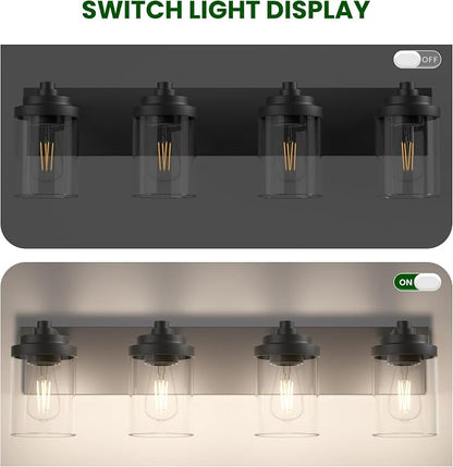 Bathroom Vanity Light Fixture, 4-Light Modern Black Vanity Light Fixtures with Clear Glass Shade, Matte Black Bathroom Light Fixtures Over Mirror, Rustic Restroom Lighting Fixtures