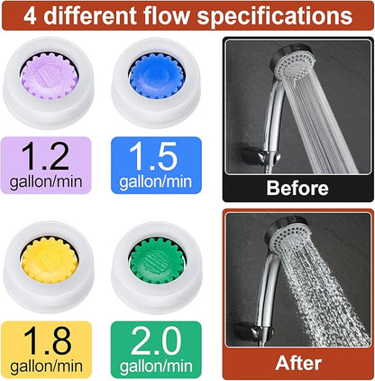 4pcs Shower Head Flow Restrictor, 1.2/1.5/1.8/2.0 GPM | Shower Head Water Saver, Plastic, 0.56 0.54 0.21 in, Universal Size, 14mm Connector