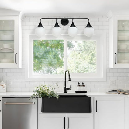 Bathroom Vanity Light Fixtures: 4-Light Mid Century Modern Bathroom Lighting Fixtures Over Mirrors - Matte Black Wall Sconce with Milky Glass Ball Shade for Bath Bedroom