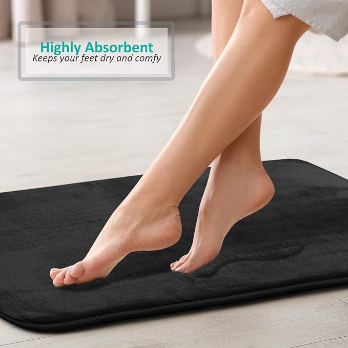 Clara Clark 2 Piece Bathroom Rugs, Velvet Memory Foam Bath Mat Set, Non-Slip Bath Rugs, Machine Wash, Dries Quickly, Ultra Soft Plush Bath Mats for Bathroom, 17 x 24 + Contour, Black