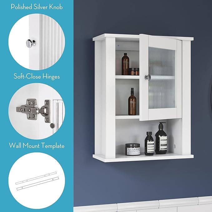 RiverRidge Prescott Bathroom Wall Cabinet - Bathroom Cabinet with Reeded Glass, Soft-Close Hinges & Adjustable Shelf - Slim Medicine Cabinet for Small Spaces