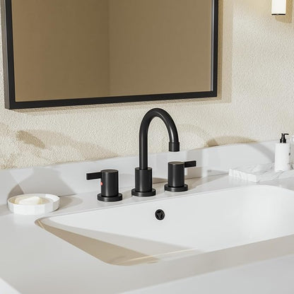 Phiestina 8 Inch 3-Hole Matte Black Widespread Bathroom Sink Faucet with Valve and Metal Pop-Up Drain Assembly, 2-Handle Low-Arch Bathroom Faucets Three Hole, WF15-1-MB