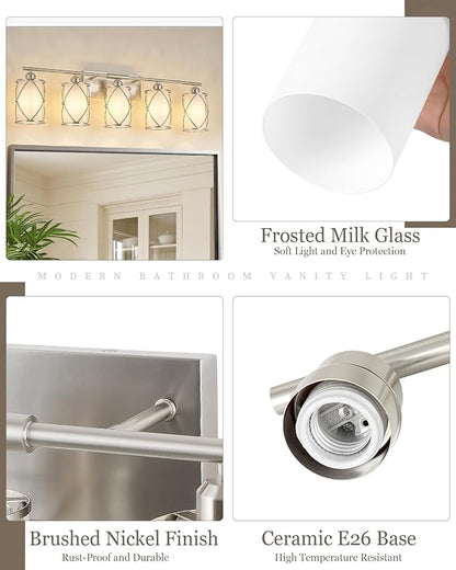 5-Light Brushed Gold Bathroom Light Fixtures Over Mirror, 42" UL-Listed Modern Wall Sconce Lights with Frosted Milk White Glass and Metal Cage for Bath, Hardwire E26, CH9176BNW-5W