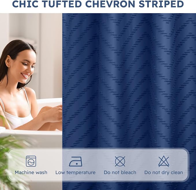 FADOTY Blue No Hook Shower Curtain Set with Snap in Liner, 71'' x 74'' | Bathroom Hotel Fabric Curtain, Waterproof Washable Liner, See Through Top Window, Ringless Chevron Tufted Cloth Curtain