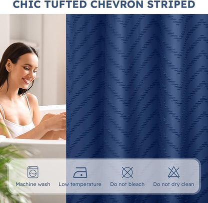 FADOTY Blue No Hook Shower Curtain Set with Snap in Liner, 71'' x 74'' | Bathroom Hotel Fabric Curtain, Waterproof Washable Liner, See Through Top Window, Ringless Chevron Tufted Cloth Curtain