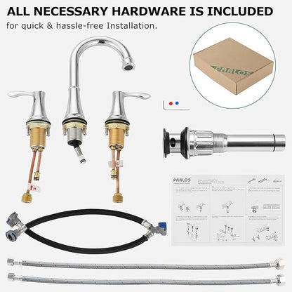 Chrome Widespread Bathroom Sink Faucet 8 Inch for Vanity | with All Metal Pop Up Drain, High Arc 2 Handle Lead-Free Deck Mount Bathroom Faucet for 3 Hole Lavatory Utility Sink