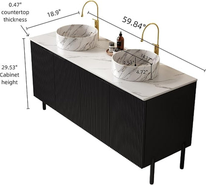 Ambrovina 60" Bathroom Vanity with Double Sink, Freestanding Bathroom Storage Cabinet with 4 Soft-Closing Doors, 2 White Round Ceramic Basins and Carrara White Sintered Stone Countertop, Gloss Black