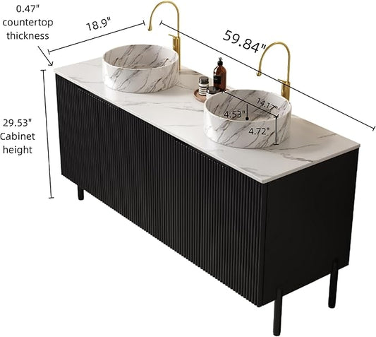 Ambrovina 60" Bathroom Vanity with Double Sink, Freestanding Bathroom Storage Cabinet with 4 Soft-Closing Doors, 2 White Round Ceramic Basins and Carrara White Sintered Stone Countertop, Gloss Black