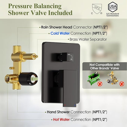 Shower System, Matte Black Shower Faucet Set, 12 Inch Rain Shower Head with Handheld Spray, High Pressure Shower Head System with Shower Valve and Trim Kit, Wall Mounted Shower Head Set