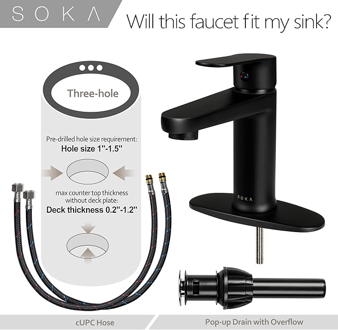 Brass Bathroom Faucet Matte Black with Pop-up Sink Drain Stopper & Deck Plate - 1 or 3 Hole Single Handle RV Faucet