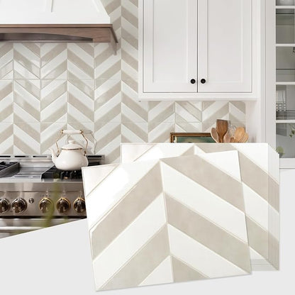 STICKGOO Herringbone Peel and Stick Backsplash, White & Beige, 10 Sheets | 12.6 x 9.7 in, Thicker Rectangular Vinyl Stick-On Wall Tiles, Easy Alignment, Waterproof, Easy to Clean, Kitchen/Bathroom