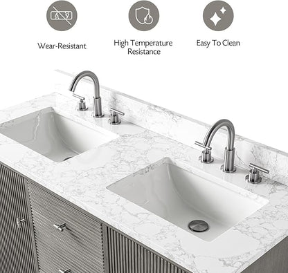 Vanity Art 54" Bathroom Vanity with Double Sink & Arabescato White Engineered Stone Top, Vanity Cabinet with Soft Closing Door, Solid Wood Frame, Golden Brushed Handles, Driftwood Gray VA8154D-DG-GB