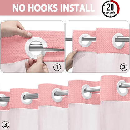 No Hook Shower Curtain and Liner Set,Pink Hotel Waffle Shower Curtain with Liner 75" L x 72" W