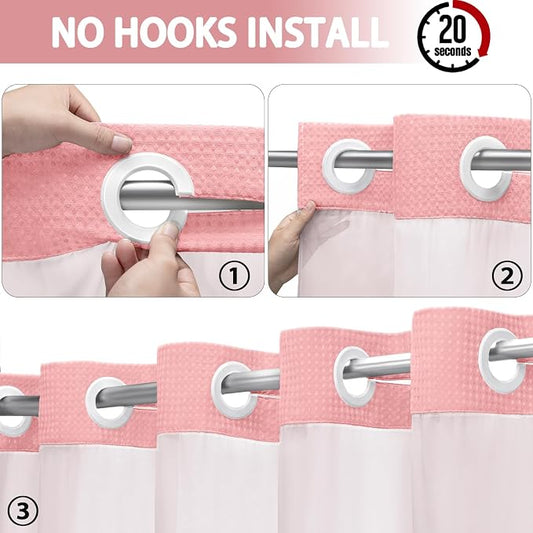 No Hook Shower Curtain with Liner Set Hotel Waffle Curtain Pink 72W X 75L | Washable Snap in Fabric Liner, Mesh Top Window, Waffle Hotel Style Shower Curtain Set