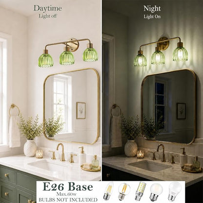 3-Light Gold Brass Bathroom Light Fixture,Wall Sconces,Brushed Gold Vanlity Light Over Mirror,Bathroom Vanity Light with Green Glass Flower Shade,E26 Socket(Bulbs Not Included)