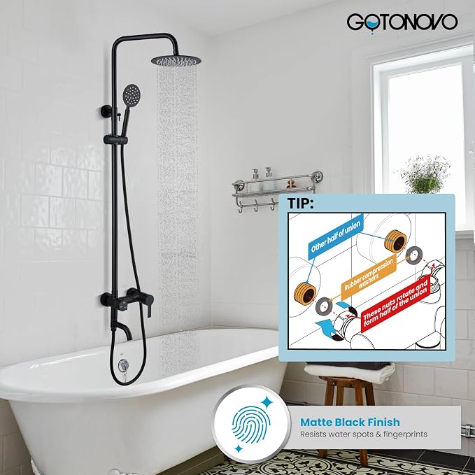 gotonovo Outdoor Shower Kit SUS304 Stainless Steel Matte Black | Outside Shower Fixtures,8’’ Rain Head with Handheld Sprayer,Swivel Tub Spout,Indoor/Outdoor,Poolside,Backyard,Garden,Beach