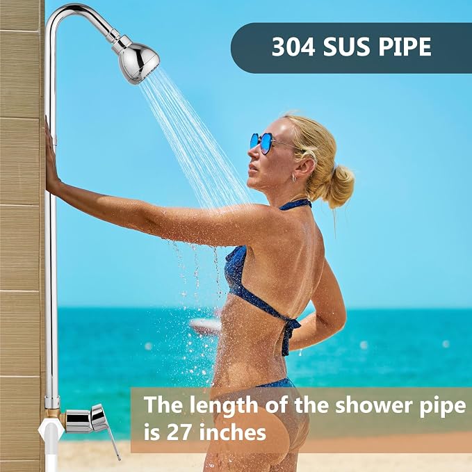 Outdoor Shower Kit,Outside Shower with Single Handle,Polish Chrome | Hot and Cold Outdoor Shower Fixtures,Stainless Steel,with Rotatable Shower Head,Easy Installation