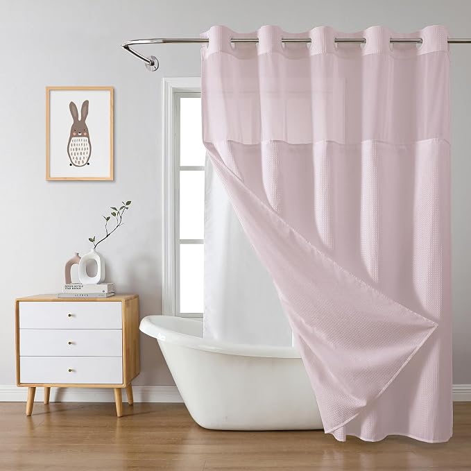 No Hook Waffle Shower Curtain with Snap-in Liner, 71x77 Inch, Blush Pink | 230 GSM waffle weave fabric, waterproof liner set with 2 bottom magnets, mesh top window, washable, for bathroom or hotel use