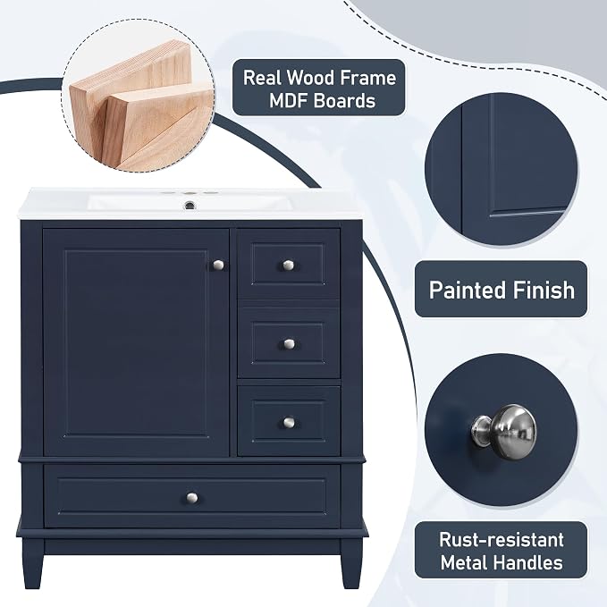Bathroom Vanity with Ceramic Sink 30 Inch, Cabinet with One Door and Three Drawers, Soft-Closing Door, Solid Wood Legs, Blue