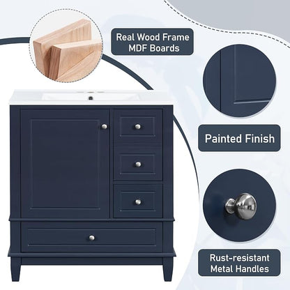 30" Vanity with Sink, Bathroom Vanities 30 Inch with Sink, Single Sink Bathroom Vanity with Door Shelf and Three Drawers, Restroom Vanity with Sink Top (Blue)