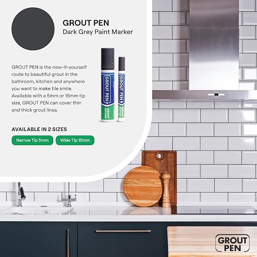 Grout Pen Dark Grey Tile Grout Paint Marker - 2 Pack w/Extra Tips (7mL) | Waterproof Grout Refresh Restorer for Kitchen & Bathroom, Tile Grout Colorant and Sealer Pens - Narrow Tip 5mm - Dark Grey