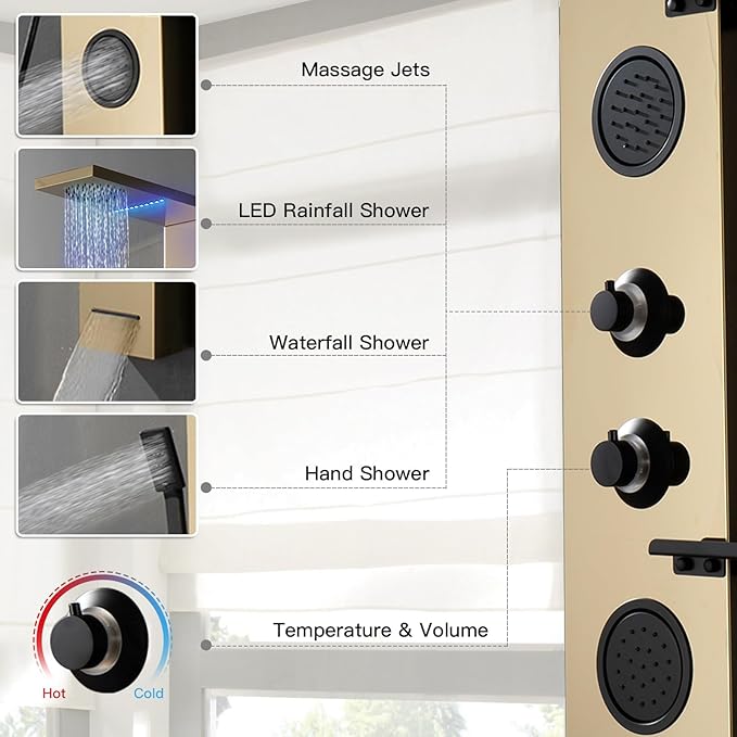 Homevacious 4 In 1 Shower Panel System with Shelf,LED Rain Shower Head and Adjustable Massage Body Jets,3 Functions Handheld Head and Tub Spout,Stainless Steel Bathroom Shower Fixtures,Polished Gold