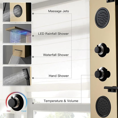 Homevacious 4 In 1 Shower Panel System with Shelf,LED Rain Shower Head and Adjustable Massage Body Jets,3 Functions Handheld Head and Tub Spout,Stainless Steel Bathroom Shower Fixtures,Polished Gold