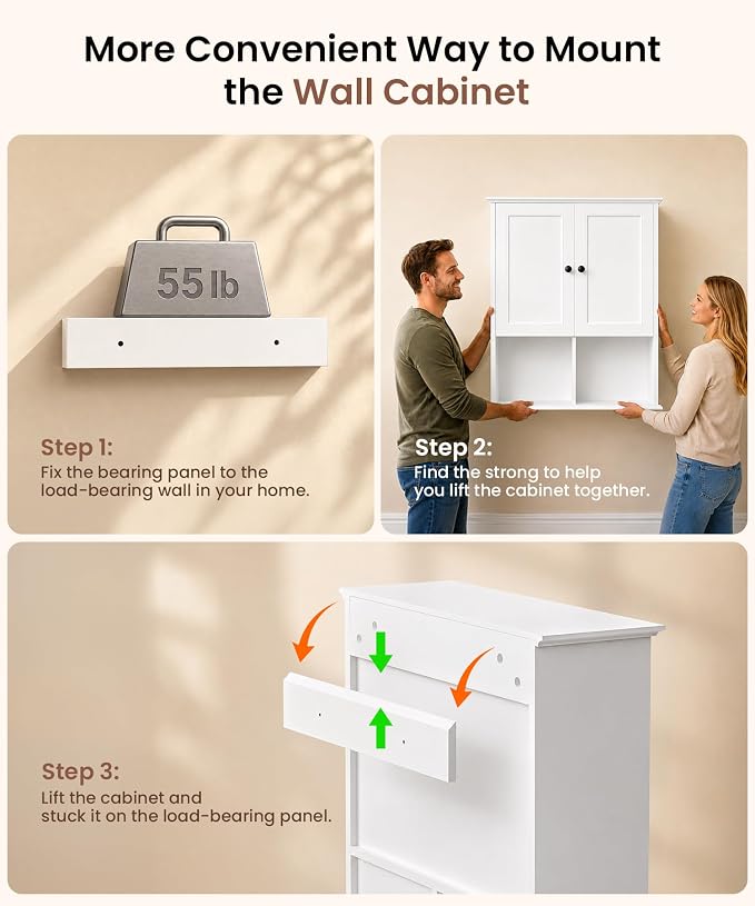HAIOOU 23.6 inch Bathroom Wall Cabinet with Motion Sensor Light - White | Wall Mount Medicine Cabinet with Recessed Panel Doors, Adjustable Glass Shelf, Soft Close Hinges for Over the Toilet Storage