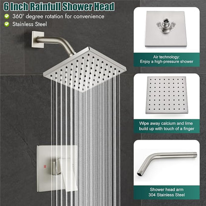 Heyalan 6 Inch Shower Faucet Set with Tub Spout and Valve,Brushed Nickel | 6-inch square rainfall head, tub spout with diverter, male-thread rough-in valve, single-handle control and wall-mount design
