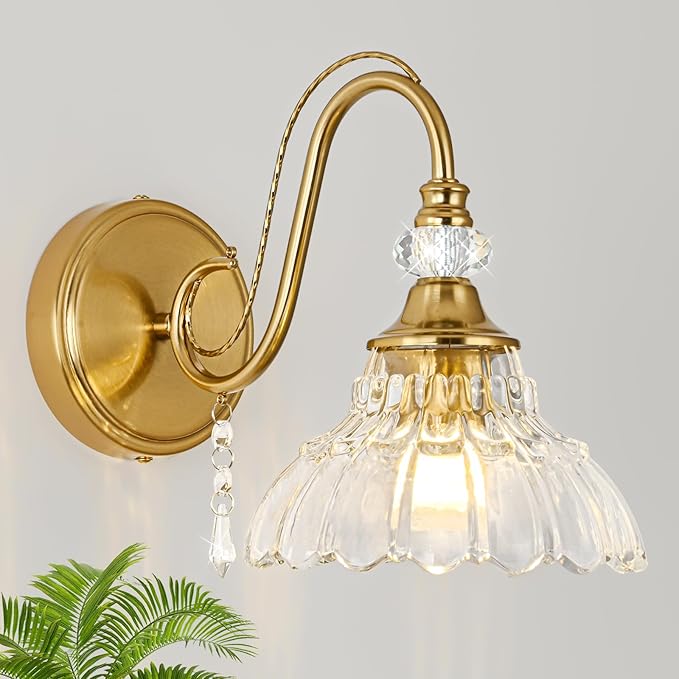 1 Piece Vintage Wall Sconce, 1-Light Brushed Gold Finish Wall Sconce with Hanging Crystal Accents and Flower-Shaped Amber Shades for Bathroom Bedroom Living Room,Vintage Vanity Light