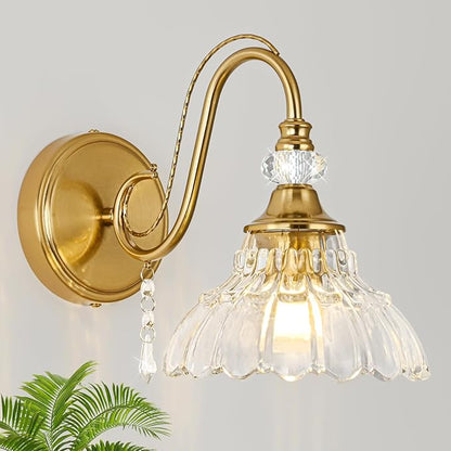 1 Piece Vintage Wall Sconce, 1-Light Brushed Gold Finish Wall Sconce with Hanging Crystal Accents and Flower-Shaped Amber Shades for Bathroom Bedroom Living Room,Vintage Vanity Light