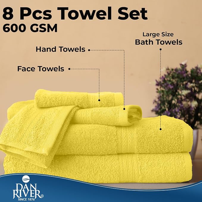 DAN River 8 Piece Luxury Bath Towels for Bathroom, Towel Set, Yellow | 2 Bath towels, 2 Hand towels, and 4 Wash Cloths, 600 GSM 100% Ring Spun Cotton, Highly Absorbent, Gym, Hotel, guest, and Spa