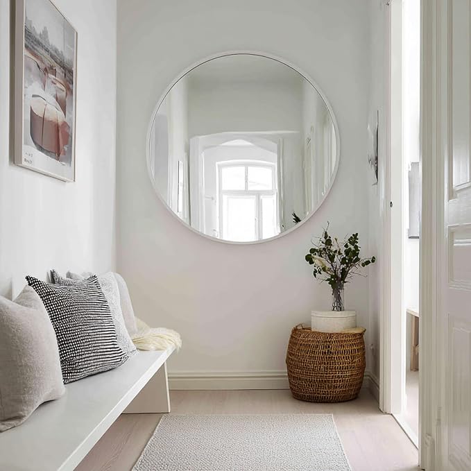 Large Round Mirror 40 inch, White Circle Mirror Matte Metal Frame | Matte White Metal Frame, High Definition Mirror, Rust-resistant, Easy installation, Restroom, Cloakroom, Guest Room, Hallway