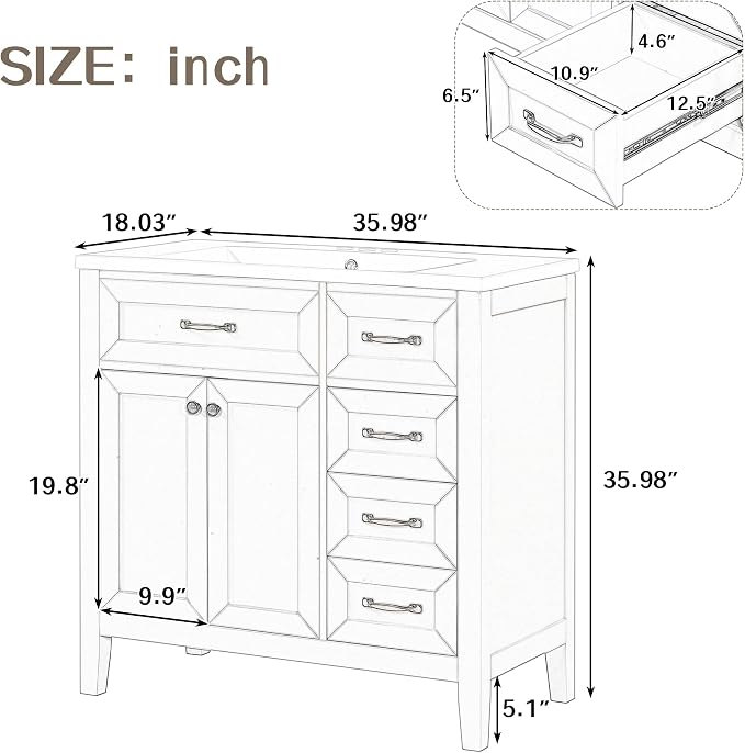 36 Inch Bathroom Vanities with Undermount Ceramic Sink, Storage Cabinet with Soft Closing Doors and Three Drawers, Solid Wood Frame, Green