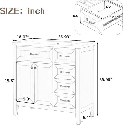 36 Inch Bathroom Vanities with Undermount Ceramic Sink, Storage Cabinet with Soft Closing Doors and Three Drawers, Solid Wood Frame, Green