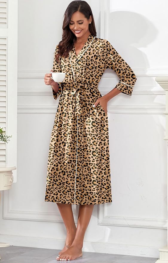 PrinStory Robes for Women 3/4 Sleeve Long Bath Robe XS-4XL | V-Neck Knit Bathrobe with Pockets, Lightweight, Soft, Breathable Robes for Shower, Spa, Travel, Home, Party, Nursing