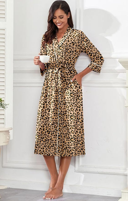 PrinStory Robes for Women 3/4 Sleeve Long Bath Robe XS-4XL | V-Neck Knit Bathrobe with Pockets, Lightweight, Soft, Breathable Robes for Shower, Spa, Travel, Home, Party, Nursing