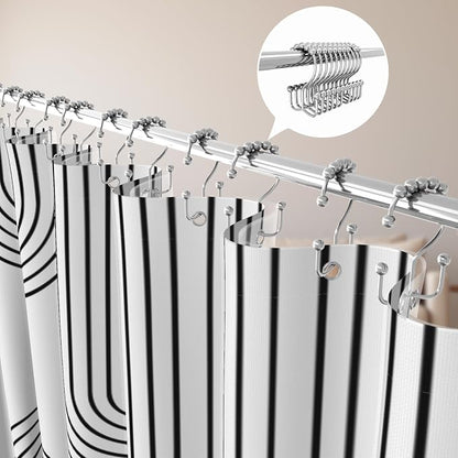 3 in 1 Shower Curtain Set, Boho Mid Century Modern, White and Black | Polyester Bath Curtain with Magnetic PEVA Liner and 12 Double Sided Stainless Steel Hooks 72x72 Inches