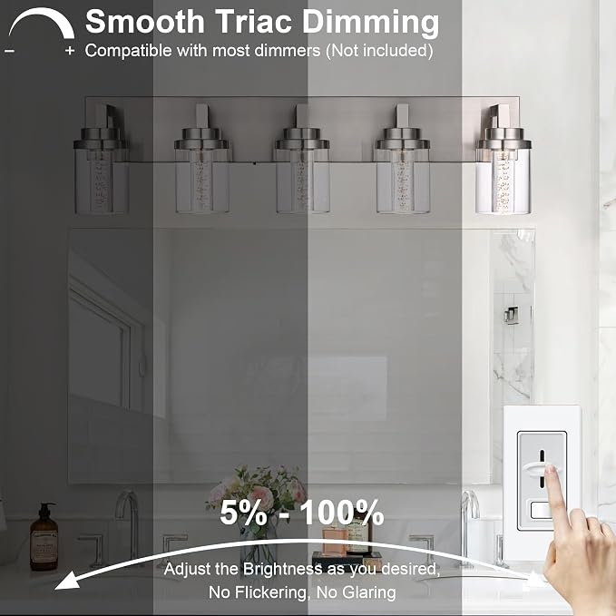 MELUCEE LED Vanity Light Bar 5-Light Bathroom Vanity Light 3000K-6000K | 25W Bath Lamps Over Mirror Brushed Nickel Bathroom Wall Lighting Fixtures with Clear Glass Shade Bubble Crystal