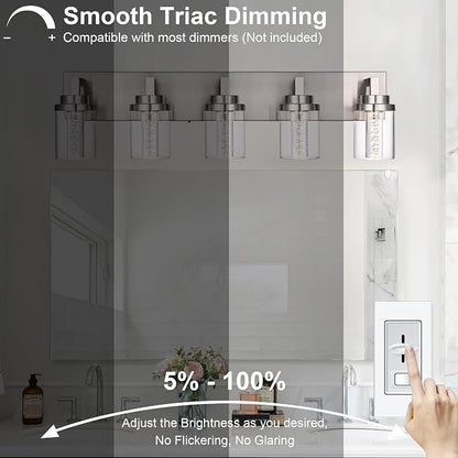 MELUCEE LED Vanity Light Bar 5-Light Bathroom Vanity Light 3000K-6000K | 25W Bath Lamps Over Mirror Brushed Nickel Bathroom Wall Lighting Fixtures with Clear Glass Shade Bubble Crystal