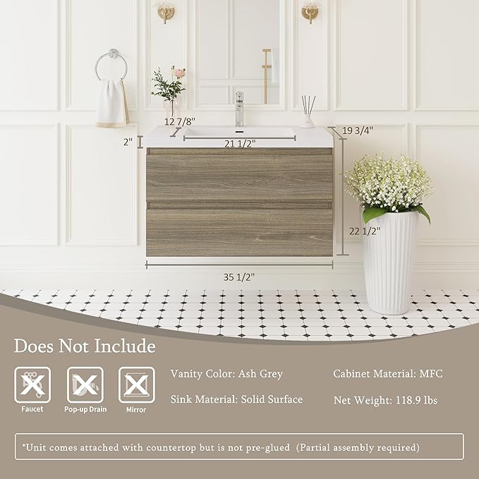 Floating Bathroom Vanity with Sink, 36" Wall-Mounted Bathroom Storage Vanity Cabinet with Resin Top Basin and Soft Close Drawers, No Assembly Required, Ash Grey