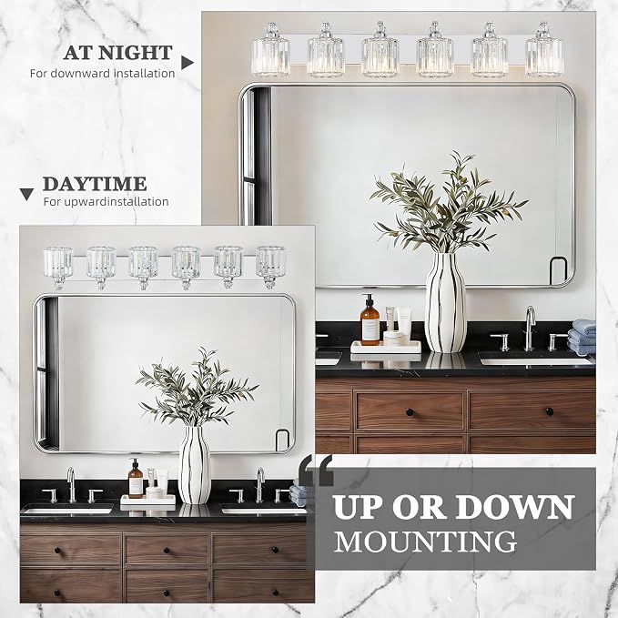6-Light Modern Bathroom Light Fixture Chrome Vanity Lights Over Mirror Wall Sconce Lighting with K9 Crystal Shades Bathroom Wall Lamp E26 Base for Bedroom, Living Room, Hallway